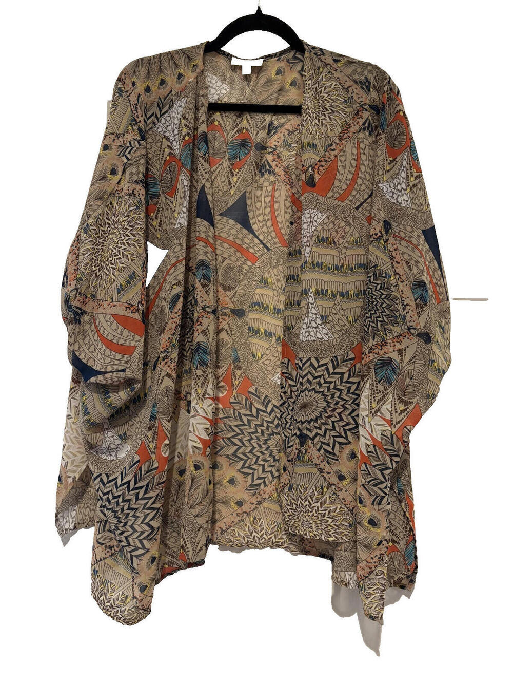 Umgee sz M/Lâ short sleeve boho kimono open front cardigan feather design E
